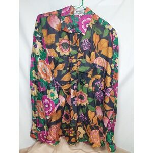 Vintage 100% Silk Retro Floral Shirt Top 90s 80s Boho Bold Luxury Vibrant Art